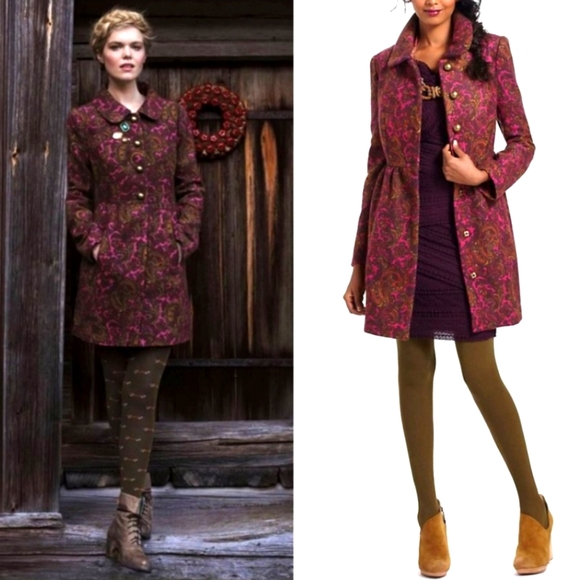 Magenta Paisley Wool Princess Coat Peacoat XS Anthropologie Plenty Tracy Reese